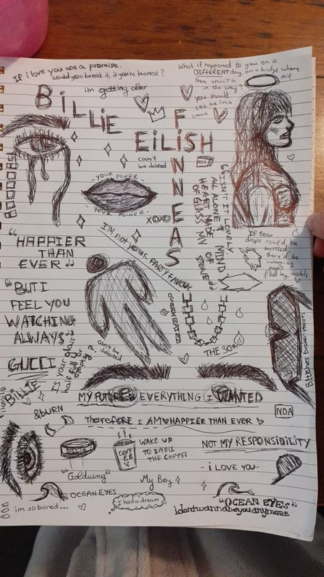 Billie Eilish Notebook Drawing, Billie Eilish Inspired Drawings, Billie Eilish Sketchbook, Billie Eilish Dessin, Billie Eilish Drawing Ideas, Billie Eilish Sketch Easy, Drawing Ideas Billie Eilish, Billie Eilish Drawing Sketch, Billie Eilish Doodles