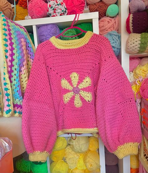 Handmade crochet flower jumper, pattern is Realm Designs Crochet Flower Jumper, Crochet Colorways, Crochet Flower Sweater, Buffy Fashion, Realm Designs, Flower Jumper, Crochet Apparel, Jumper Pattern, Floral Jumper