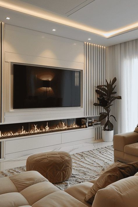 Unusual Media Wall, 2 Tone Fireplace Wall, Minimalistic Fireplace Design, Large Media Wall Ideas, Stone Tv Stand, Custom Media Wall, Linear Fireplace With Tv Above Built Ins, Neutral Media Wall, Long Fireplace Wall