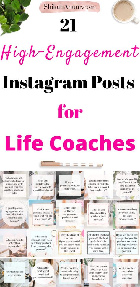 Attention: Life coaches who want more engagement on IG but struggle to find content for Instagram! Download my 21 done for you Instagram content exclusively designed for life coaches below. These 21 Instagram posts can also give you some Instagram content ideas for your business. The result? High engagement with your followers, building your followers’ trust and closing more sales! Life Coach Instagram Content, Life Coaching Content, Life Coach Post Ideas, Life Coaching Exercises, Life Coach Quotes Inspiration, 1:1 Coaching, Fitness Content Ideas For Instagram, Coaching Content, Life Coaching Worksheets