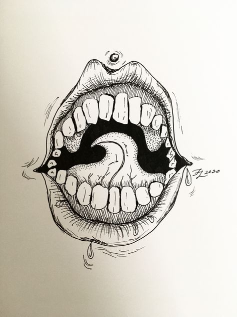 Zipper Mouth Drawing, Scary Mouth Drawing, Mouth Open Drawing, Scary Mouth, Grunge Wall Art, Artsy Grunge, Teeth Drawing, Mouth Drawing, Inspiration Painting