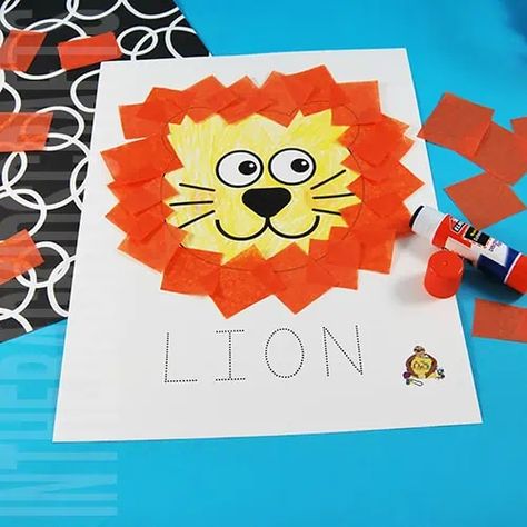 This simple lion craft for preschoolers or toddlers start with a free printable.  Just color and add orange tissue paper pieces or torn paper pieces to create the mane.  It's the perfect fine motor play activity and leaves room for creativity.  Get the free lion craft printable now. Lion Crafts For Kids, Lion King Crafts, Fine Motor Play, Paper Plate Animals, Orange Tissue Paper, Lion Craft, Daniel And The Lions, Craft For Preschoolers, Body Craft