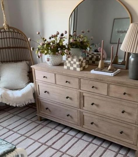 Modern Farmhouse Bedroom Dresser Decor, Styling Top Of Dresser, Dresser Mirror Ideas, Farmhouse Bedroom Dresser Decor, Dresser With Attached Mirror, Decorating A Dresser Top, Pottery Barn Dresser, Bedroom Dresser Decor Ideas, Dresser Aesthetic