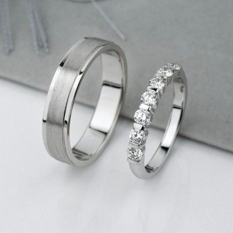 Get ready to take your relationship to the next level with these elegant and timeless wedding band sets! 💍 Made of solid 14K and 18K white gold and featuring natural, very slightly included (VS1) diamonds, these sets are perfect for engagements, weddings, or anniversaries. Personalize your bands now! #weddingbands #diamonds #solidgold #brideandgroom #eternallove  #eBay #Diamante #Handmade #Beauty #Eternity Wedding Rings For Him And Her Matching Set, Simple Wedding Rings Silver Couple, Couples Wedding Bands White Gold, Matching Silver Wedding Rings, Wedding Bands White Gold His And Hers, White Gold Matching Wedding Bands, Wedding Bands His And Hers Silver, Wedding Rings Sets His And Hers Silver Matching Couples, Wedding Rings Male And Female