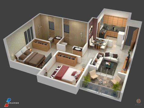 Simple And Affordable Two Bedroom Self Contained House Plan Ideas For Small Families » Ghanawish Radio 2 Bedroom House Design, Night Views, Small Modern House Plans, Small House Layout, 3d House Plans, 3d Floor Plan, Apartment Floor Plan, House Floor Design, Apartment Floor Plans