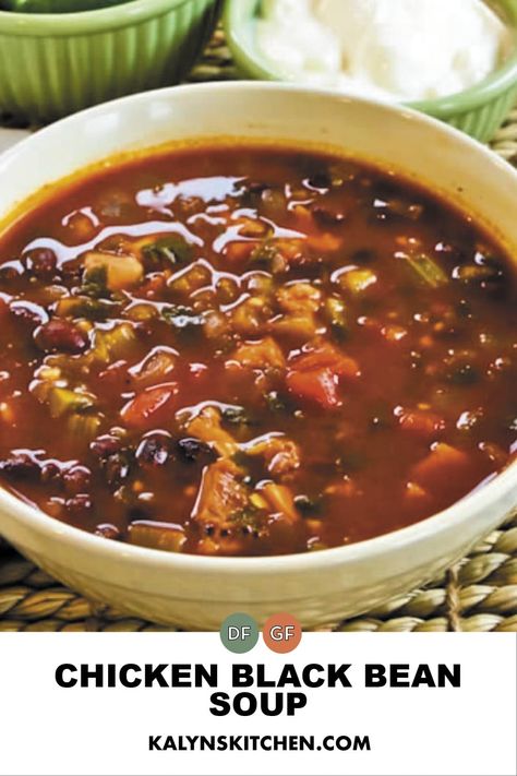 Pinterest image of small bowl of Chicken Black Bean Soup with two small bowls of condiments in the back. Black Bean And Chicken Soup, Gluten Free Black Bean Soup, Chicken And Black Bean Soup, Chicken Black Bean Soup, Black Beans Chicken, Chicken Black Bean, Black Bean Chicken, South Beach Diet, Tasty Chicken