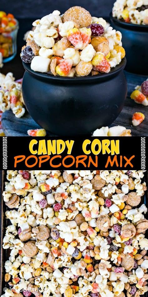 Halloween Popcorn Mix, Popcorn Snack Mix Recipes, Popcorn Mix Recipes, Candy Corn Mix, Fall Snack Mixes, Chocolate Covered Popcorn, Halloween Snack Mix, White Chocolate Popcorn, Popcorn Mix