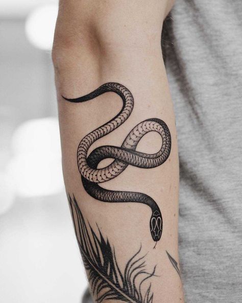 25+ Amazing Small Snake Tattoo Ideas & Designs | PetPress Black Snake Tattoo, Small Snake Tattoo, Hip Tattoo Designs, Small Forearm Tattoos, Snake Tattoo Design, Initial Tattoo, Arrow Tattoo, E Tattoo, Tattoo Black