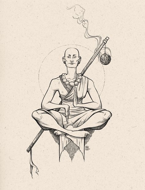 Monk Drawing Character Design, Monk Tattoo Design, Monk Sketch, Meditating Tattoo, Shaolin Tattoo, Monk Drawing, Monk Illustration, Monk Tattoo, Tranquility Tattoo