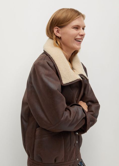 New Woman Spring – Summer 2020 collection | MNG Australia Shearling Aviator Jacket, Leather Aviator Jacket, Aviator Jacket, Winter Outerwear, Aviator Jackets, Aviator Style, Shearling Coat, Long Puff Sleeves, Winter Collection