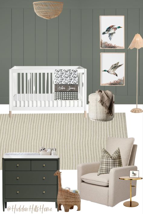 Baby boys nursery decor mood board with a duck hunting theme! This nursery has green and beige tones throughout with a green accent wall. Boy Nursery Duck Hunting, Mallard Duck Nursery, Hunting Baby Nursery, Hunting Theme Nursery, Green Nursery Boy, Organization Nursery, Baby Boys Nursery, Hunting Nursery, Boys Nursery Decor