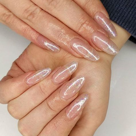 Wanna go for something simple but still sparkle? Our gal #nafsharon got ya coveredA sleek translucent acrylic set with a layer of glitter#nafacrylics Nails Clear Glitter, Oct Nails, Clear Glitter Nails, Oval Acrylic Nails, Short Oval Nails, Oval Nails Designs, Nails Clear, Nails Oval, 2022 Nails