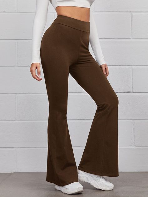 Free Returns ✓ Free Shipping On Orders $49+ ✓. SHEIN Flare Leg Solid Pants- Women Pants at SHEIN. Haut Transparent, Yoga Flare Pants, Cargo Pants Style, Brown Flares, Flare Legging, Fall Fit, Pants Elastic Waist, Women Pants, Flare Leggings