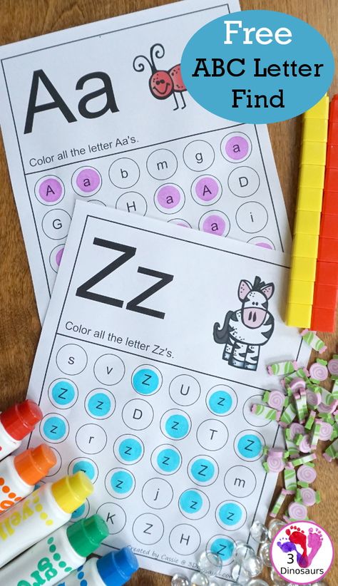 ABC Letter Find Printable for the Whole Alphabet {Free} | 3 Dinosaurs Abc Dot Marker Pages, I Spy Letters Free Printable, Letters Preschool, Alphabet Bingo, Dot Marker Printables, Letters Worksheets, Preschool Phonics, Maternelle Grande Section, Dot Marker Activities