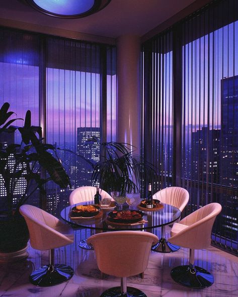 POV: Your luxe but lonely urban penthouse in 1984 💜✨ [AI] Get your wall posters on liminaldestinations.com and AI prompts on Ko-fi (links in bio!) • • • • #80sinterior #1980sinterior #80saesthetic #1980s #80svibes #80snostalgia #80sdecor #80s #80spenthouse #vintage #interiordesign #homedecor #luxuryhomes #midcentury #midcenturymodern #postmodern #luxury 70s Penthouse Apartment, 80s Loft Apartment, 80s Style Living Room, 80s Aesthetic Home, Miami Vice Interior Design, Miami In The 80s, 80s Rich Aesthetic, 1980 Architecture, 80s Penthouse Aesthetic