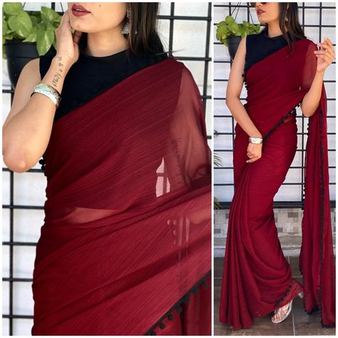 *Looking for something stylish for your wardrobe* *Then just grab this stylish Georgette saree* *DESIGN-🖤ELINA 🖤* *FABRIC* *SAREE-Black Georgette* *BLOUSE- Banglori Satin* *SIZE* *SAREE. -5.50* *BLOUSE- 0.80* *PATTERN* *SAREE-Negative print with pompom lace* *BLOUSE-plan* S⁵⁸ *RATE:- 850+$/-* Plan Saree Blouse Designs, Black And Red Saree Look, Western Look Saree, Georgette Saree For Wedding, Red Saree Black Blouse, Red Saree With Black Blouse, Black And Red Saree, Black Saree Blouse, Black Blouse Designs