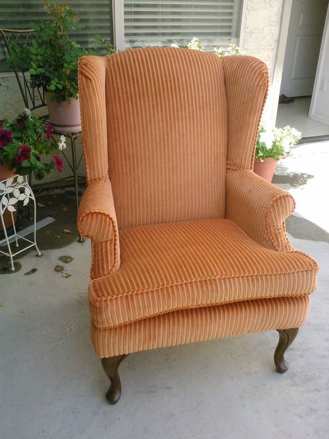 Wide wale orange corduroy fabric on Winged back chair. Winged Back Chair, Corduroy Chair, Wing Back Chair, Couch Upholstery, Childhood Movies, Reading Chair, Corduroy Fabric, Upholstery Fabrics, Chair Upholstery