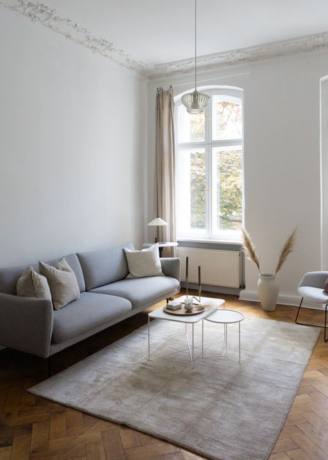 Grey Sofa, Toupe Rug, White Living Room, Wood Floors - Neutral Home, Scandinavian Aesthetic, Berlin Apartment, White Interior, Calm Lighting | RG Daily Blog La Apartment, Home Updates, Grey Sofa Living Room, Room Furniture Design, Grey Sofa, Furniture Design Wooden, Furniture Design Living Room, Neutral Home, Home Space