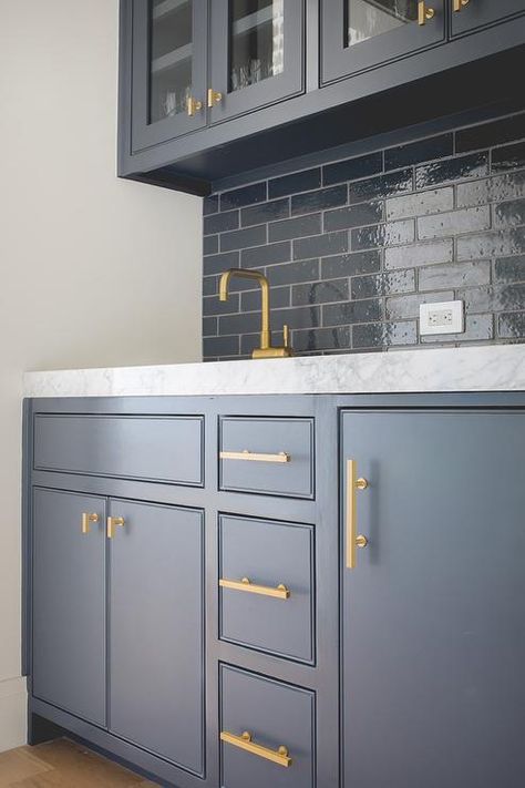 Blue Cabinets with Blue Glazed Brick Tile Backsplash - Transitional - Kitchen Coats Homes, Brick Tile Backsplash, Navy Blue Kitchen Cabinets, Blue Kitchen Cabinets, Gray Cabinets, Blue Cabinets, Kitchen Cabinet Hardware, Grey Kitchen Cabinets, Kitchen Hardware