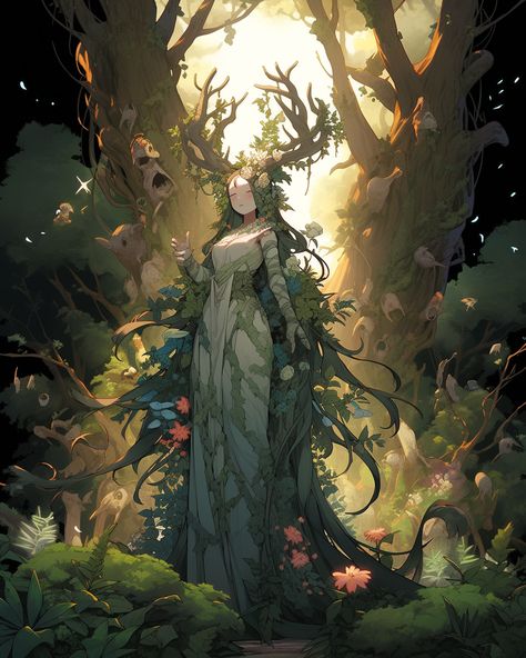 Plant Woman Character Design, God Of Nature Art, Mother Nature Fanart, Dryad Concept Art, God Of Nature Fantasy Art, Nature God Character Design, Mother Nature Character Design, Nature Goddess Drawing, Forest Guardian Character Design