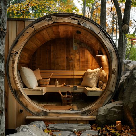 Create the Ultimate Outdoor Sauna and Hot Tub Retreat: 13 Ideas - DreamyHomeStyle Hot Tub Garden Room, Barrel Sauna Ideas, Spa Rooms Ideas Decor, Sauna Design Outdoor, Cabin Terrace, Outdoor Spa Area Ideas, Diy Sauna Outdoor, Outdoor Sauna Ideas Backyards, Outdoor Sauna And Hot Tub