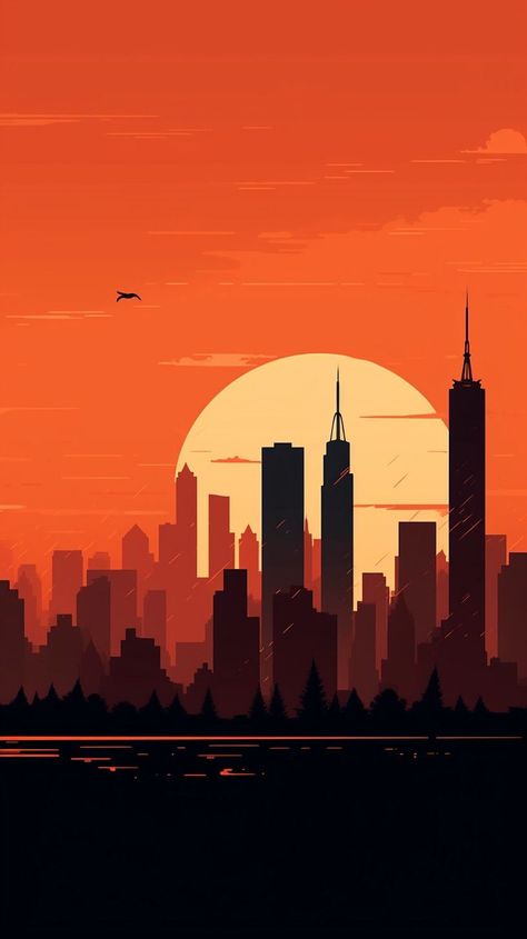 Sunset Orange New York City Skyline Wallpaper for Android and iPhone: Minimalist Aesthetic sunset phone wallpaper #zicxa-photos #zicxa #images #background #wallpaper #freepik #shutterstock #VN Easy Drawing Backgrounds Ideas, Sunset Minimalist Wallpaper, City Digital Drawing, City Poster Design Ideas, Painting City Easy, How To Paint Cityscapes, New York Aesthetic Drawing, Sunset Drawing Aesthetic, Easy Background Drawing Ideas