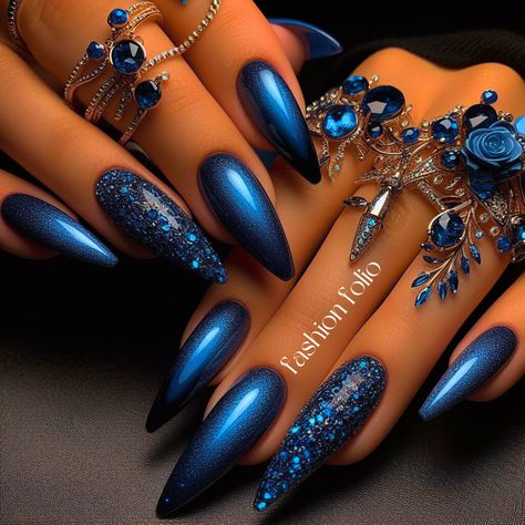 Blue Nails Autumn, Dark Birthday Nails, Royal Nail Designs, Blue Cat Eye Nails Design, Deep Blue Nails Designs, Dramatic Nails Acrylic, Classy Stiletto Nails, Dark Blue Nails Ideas, Manicure Azul