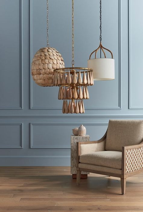 Savoiardi Chandelier | Currey and Company Cream Lights, White Accent Table, Natural Chair, Rattan Chandelier, Coconut Shells, 3 Light Chandelier, Chandelier Design, Color Complement, Globe Pendant