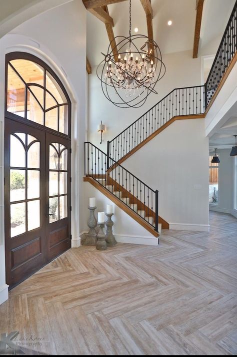 Entryway Chandelier, Foyer Lighting Fixtures, Large Foyer, Two Story Foyer, Foyer Chandelier, Foyer Lighting, Foyer Decorating, Wooden Floors, Staircase Design