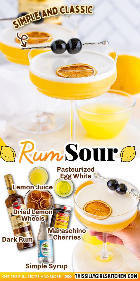 Rum Sour Recipe, Rum Sour, Sour Foods, Dried Lemon, Sour Cocktail, Best Cocktail Recipes, Summer Eating, Classic Cocktail, Maraschino Cherry