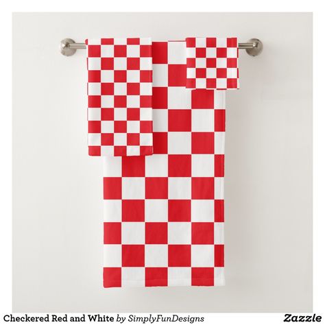 Checkered Red and White Bath Towel Set Hot Pink Bathroom, Red Bathroom Accessories, Red Bath Towels, Pink Apartment, Red Bathroom Decor, Red Bath, Pink Bathroom Decor, White Bath Towels, Patterned Bath Towels