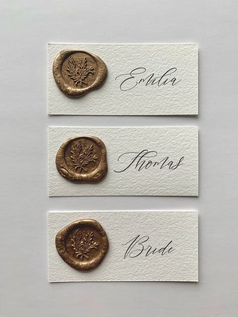 Elegant Wedding Place Cards Wax Seal Place Cards | Etsy UK Placecards Wedding Wax Seal, Wax Stamp Place Cards, Wedding Placement Card Ideas, Name Plates Wedding Place Settings, Guest Place Cards Wedding, Wedding Seat Place Cards, Calligraphy Place Cards Wedding, Wedding Place Card Ideas Diy, Dinner Name Place Cards