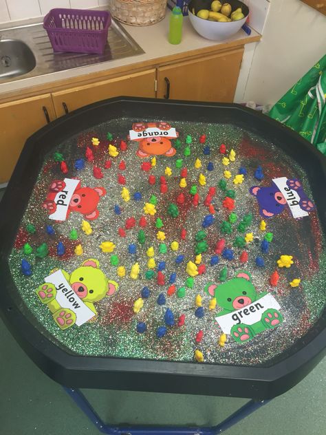 We're going on a bear hunt EYFS Teddy Bear Tuff Tray, Tough Spot Ideas, Going On A Bear Hunt Activities Eyfs, Tuft Tray Ideas Eyfs, Were Going On A Bear Hunt Eyfs, Colour Recognition Activities, Going On A Bear Hunt Activities, We’re Going On A Bear Hunt Activities, Fine Motor Tuff Tray Ideas