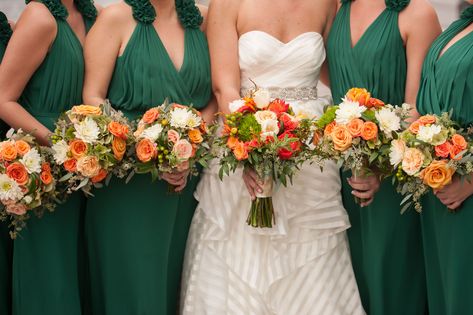 Orange-and-Green Bouquets Orange Wedding Color Scheme, Orange Wedding Themes, Orange Wedding Colors, Indoor Garden Wedding, Orange Bouquets, Green Themed Wedding, Green Bouquet, November Wedding, Green Bridesmaid