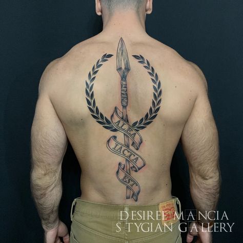 spear and laurel wreath tattoo with latin script done at Stygian Gallery, Atlanta Tip Of The Spear Tattoo, Spear Of Leonidas Tattoo, Spear Of Destiny Tattoo, Spear Head Tattoo, Spartan Symbol Tattoo, Spear Tattoo Men, Spartan Spear Tattoo, Spartan Chest Tattoo, Laurel Wreath Tattoo Men