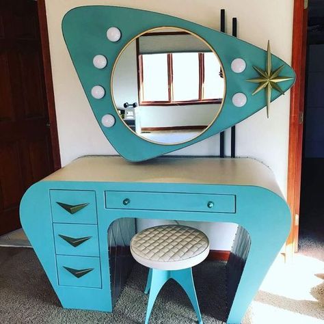 The Vault Of The Atomic Space Age Retro Vanity, Deco Retro, Atomic Age, Mid Century Modern Decor, Funky Furniture, Retro Furniture, Decoration Inspiration, 6k Followers, Mid Century Decor