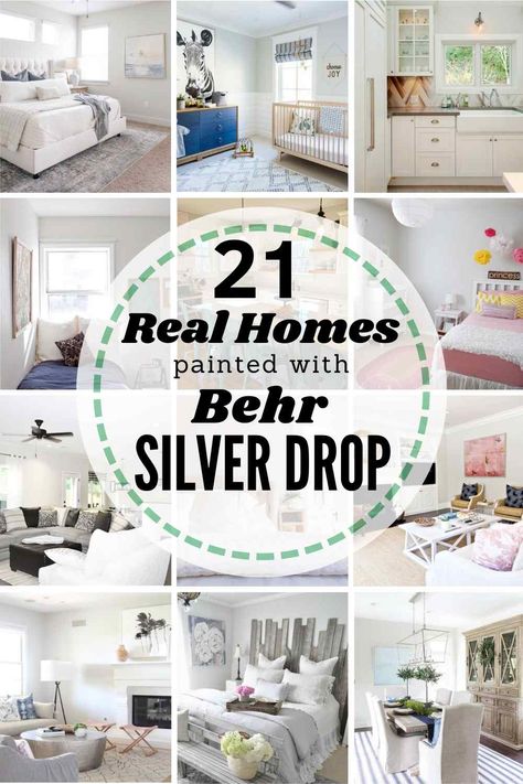 Is Behr Silver Drop the right neutral paint color for your home? Check it out in 21 real homes to help you decide! Plus, we'll explore the undertones, and other similar paint shade options Behr Paint Colors Silver Drop, Behr Paint Silver Drop, Silver Drop Paint Color, Behr Paint Ideas, Best Behr Neutral Paint Colors Living Room, Silver Paint Colors For Walls, Behr Living Room Paint Ideas, Behr Paint Colors Grey Living Rooms, Neutral Nursery Paint Colors Behr