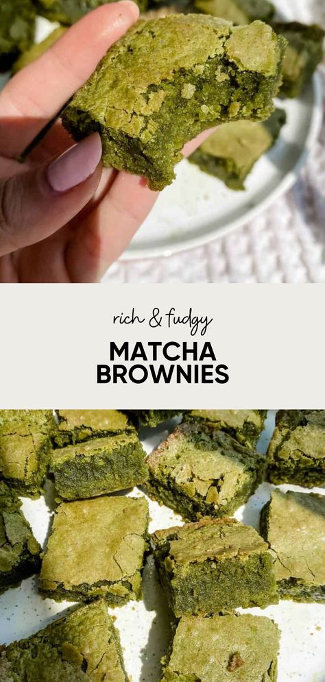 This is hands down the best Matcha Brownies recipe ever! These bright green brownies are vibrant and full of color. Made with ceremonial grade matcha and white chocolate chips. These easy matcha brownies come together in about an hour. Matcha Mochi Brownies, Baking With Matcha, Healthy Matcha Dessert, Matcha Brownies Recipes, Matcha Baking Recipes, Green Brownies, Mochi Brownie Recipe, Matcha Treats, Matcha Ideas