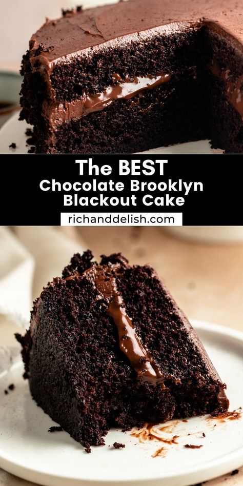 This chocolate Brooklyn blackout cake is a rich chocolate cake that is filled with luxurious chocolate pudding and frosted with chocolate frosting. Brooklyn Blackout Cake, Holiday Recipes Christmas Desserts, Blackout Cake, Pelo Chocolate, Choco Cake, Luxurious Chocolate, Cake Recipes Easy Homemade, Rich Chocolate Cake, Tasty Chocolate Cake