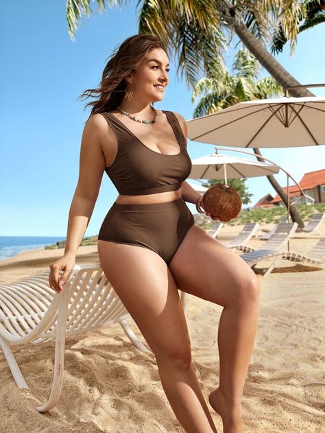 Orange Casual Plain Embellished High Stretch Plus Size Beachwear Plus Size Bade, Beach Outfits Women Plus Size, Moda Praia Plus Size, Curvy Swimwear, Plus Size Swim, Cute Bathing Suits, Moda Boho, Plus Size Swimsuits, High Waist Bottoms