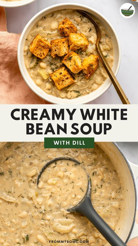 A Cozy, Creamy White Bean Soup that's comforting and rich, yet 100% plant-based. Have this hearty soup on the table in 30 minutes with just 9 ingredients. Gluten-free, oil-free option. Creamy White Bean Soup, Lazy Dinners, Plant Based Soups, Hearty Soup, Fennel Salad, Great Northern Beans, Vegan Soup Recipes, White Bean Soup, Vegan Soups