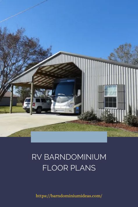 If you have an RV or plan to get one, when you are ready to build your barndominium, you should look at RV barndominium floor plans. It is easier to figure them into your plans at the beginning instead of adding them later. It would probably be cheaper to include it in the budget build in the beginning. Even if you build it before you have an RV, you can use the area for storage, entertainment room, or garage. Rv Friendly Barndominium, Rv Home Base Plans, Rv House Plans, Metal Building With Rv Storage, Barndominium Rv Garage, Rv Casita Floor Plans, Rv Building Ideas, Rv Property Ideas, Barndominium With Rv Storage