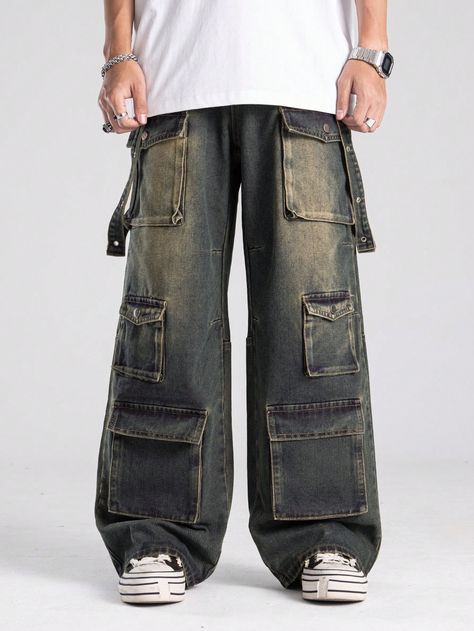 Men Retro Washed Jeans, Suitable For Daily Wear In Spring And Summer, School Bronze    Denim Plain Wide Leg Non-Stretch  Men Clothing, size features are:Bust: ,Length: ,Sleeve Length: 2000s Grunge Male, Metalhead Outfits Men, Grunge Mens Fashion, Mens Wide Leg Pants, Y2k Mens, Jeans Grunge, Grunge Jeans, Grunge Guys, Retro Pants