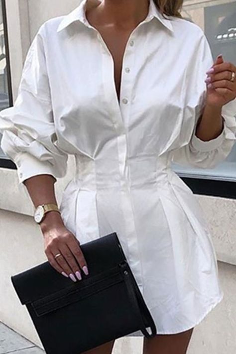 Solid Tight Waist Shirt #Dress Fitted Waist Shirt Dress, White Shirt Dress Evening, Date Night Shirt Dress, Tied Shirt, White Collared Shirt, Bodice Dress, Plunge Dress, Dress Shirt Sleeves, Printed Shirt Dress