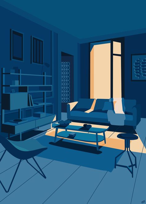 Illustration | Living on Behance Monochromatic Illustration, Monochromatic Living Room, Monochromatic Room, Shadow Illustration, Storyboard Illustration, Graphic Design Infographic, Architecture Collage, Interior Illustration, Spaceship Design