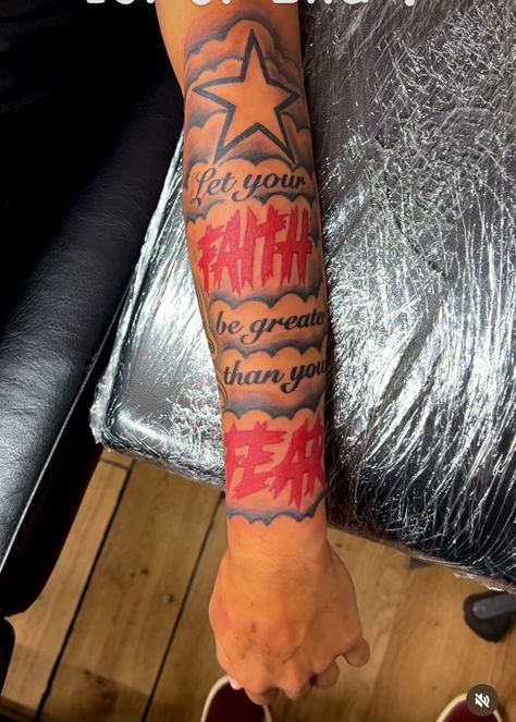 Forearm Tattoos Outer, Nice Forearm Tattoos For Men, Front Forearm Tattoos Men, Let Your Faith Be Bigger Than Your Fear Tattoo Men, Golden Child Tattoo, Forearm Tats Men, Hustle And Motivate Tattoo, Best Arm Tattoos Men, Man Tattoo Arm Sleeve Unique Designs