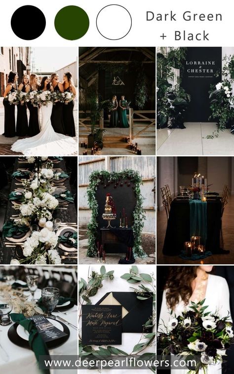 Green Wedding Scheme, Wedding Color Themes, Emerald Wedding Colors, Emerald Green Wedding Theme, Dark Romantic Wedding, Forest Green Wedding, Wedding Theme Color Schemes, Dark Green Wedding, Green And White Wedding