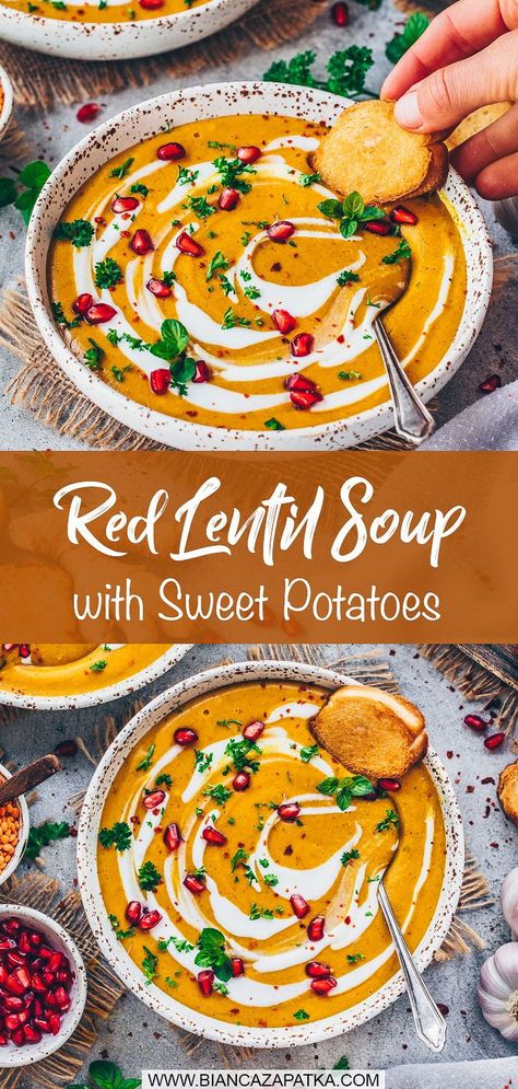 This creamy red lentil soup with sweet potatoes and coconut milk is a simple recipe that is quick to make, healthy, high in protein and delicious! The sweet potato and lentil soup only requires a few ingredients and is perfect as a starter or light main meal! Sweet Potato Red Lentil Soup, Red Lentil Sweet Potato Soup, Sweet Potato Soup With Coconut Milk, Potato Soup With Coconut Milk, Lentil Sweet Potato Soup, Red Lentil Sweet Potato, Vegetarian One Pot Meals, Creamy Lentil Soup, Lentil Sweet Potato