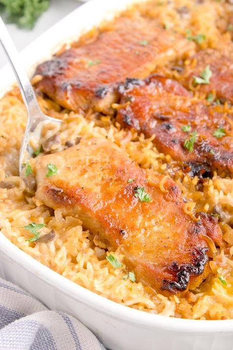 Pork Over Rice Recipes, One Pan Meals Pork Chops, Pork Chops And Rice Bake, Recipe Using Pork Chops, Pork Chop And Rice Casserole Easy, One Pan Pork Chops And Rice, Pork Chops And Rice Recipes In Oven, Pork And Rice Bake, Boneless Pork Chop Recipes Casseroles