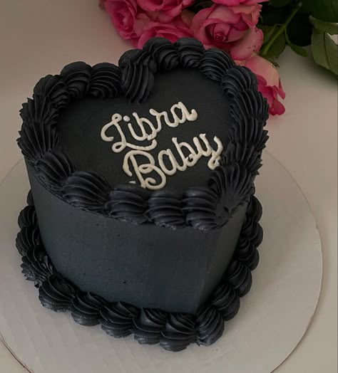 Libra black heart cake 🖤 Heart Cake Libra Szn, Heart Shaped Libra Cake, Black Libra Cake, Birthday Cake Libra Zodiac, Zodiac Heart Cake, Libra Birthday Cake Ideas, Trendy Bday Cake, Black Heart Shaped Birthday Cake, Black Heart Cake Aesthetic